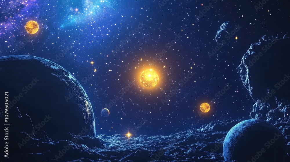 Poster 2d illustration of a realistic star pattern set in deep space featuring stars planets and moons show