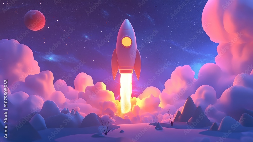 Aufkleber Embarking on a business journey with a rocket icon in 3D cartoon rendering rapidly accelerating towards our goals driven by determination and innovation with sights set on achieving success and st