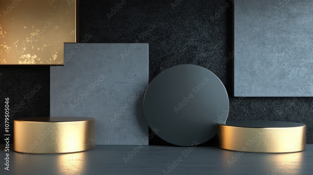 Aufkleber abstract podium background featuring geometric shapes in black and gold minimalist 3d rendering idea