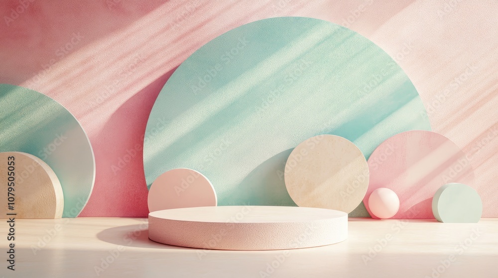 Fototapete minimalist 3d rendering featuring a podium against an abstract backdrop with geometric shapes in sof