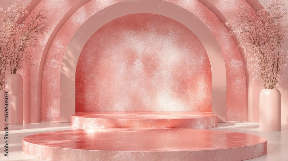 Aufkleber product showcase stand with a pink abstract backdrop 3d rendering
