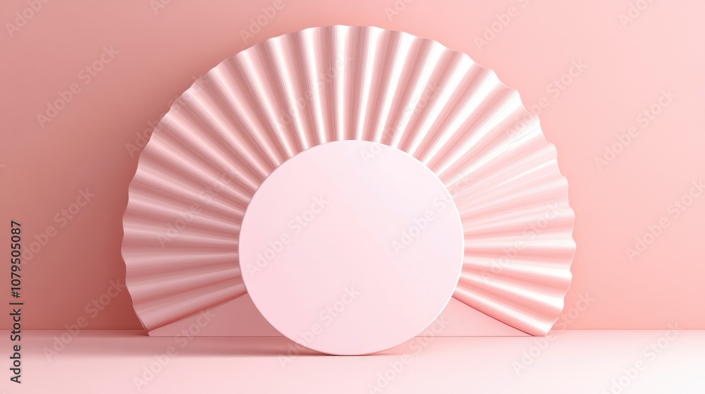Poster a mock pink circle designed for showcasing a product sample set against a pastel pink fan shaped bac