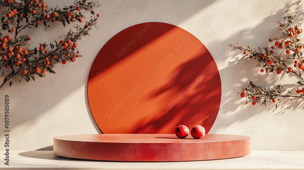 Aufkleber 3d rendering of a minimalistic backdrop designed for cream cosmetics featuring a modern red podium