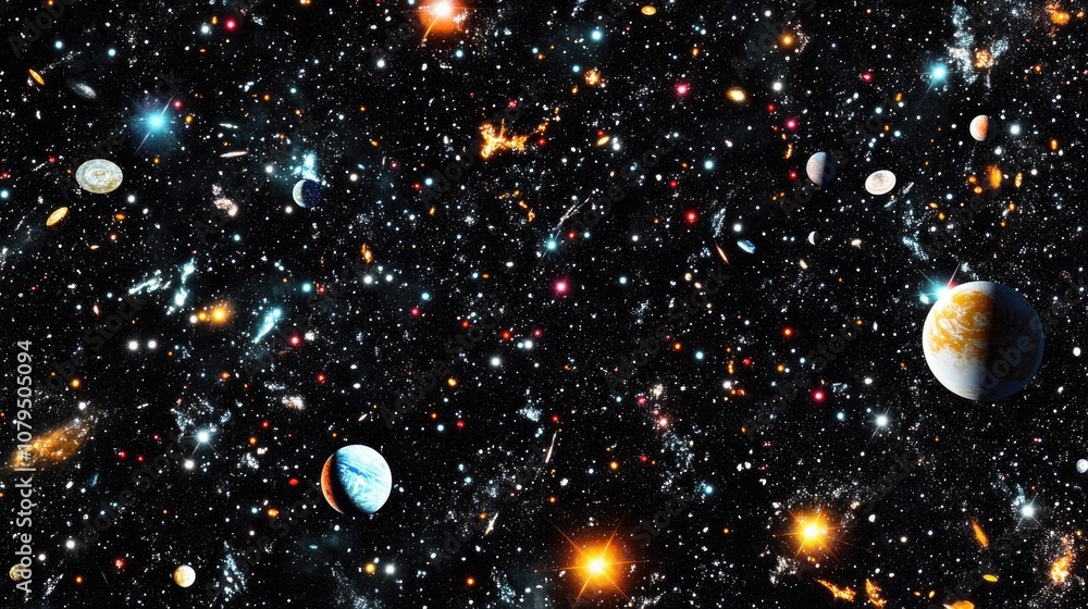 Poster 3D cartoon interpretation of a 2D illustration featuring a realistic star pattern background in deep interstellar space with bright stars planets and moons Various imaginative science fiction back