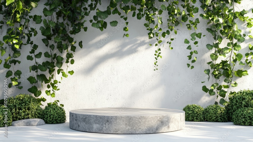 Aufkleber Round stone cylinder podium in a garden setting with Virginia creeper on a white wall background Exterior nature and architectural design concept 3D illustration rendering