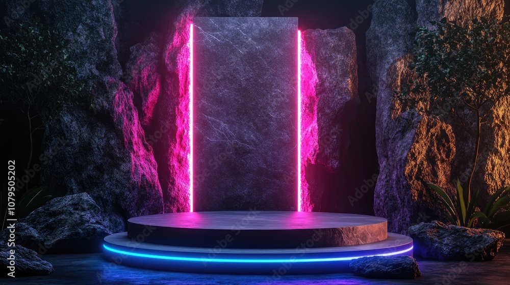 Poster abstract neon background featuring illuminated geometric shapes and natural stone elements 3d render