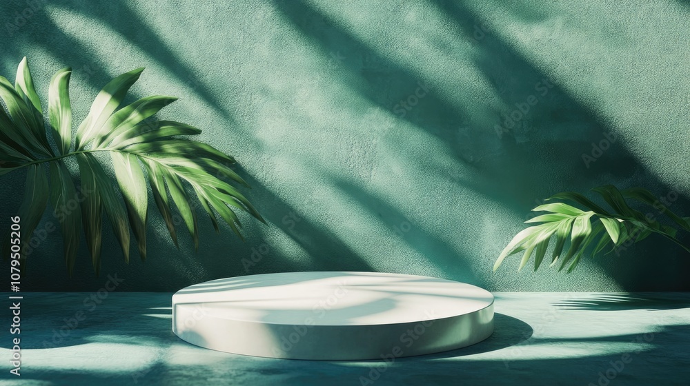 Aufkleber Abstract empty podium casting shadows on a green backdrop Mockup display for product showcasing Three dimensional render Minimalistic concept Advertising template 3D illustration