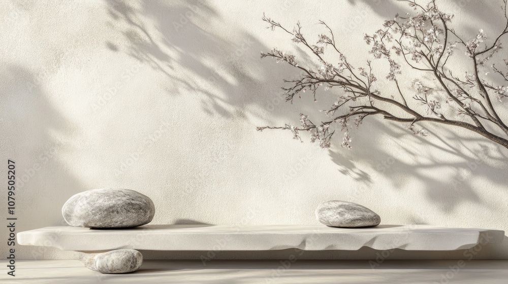 Poster Podium display on a soft pastel stucco backdrop Abstract arrangement featuring a branch stone and shadow on the wall 3D render Template for exhibitions presentations and product branding in the he