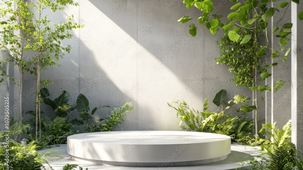 Aufkleber white pedestal for product display in a concrete space with greenery 3d rendering