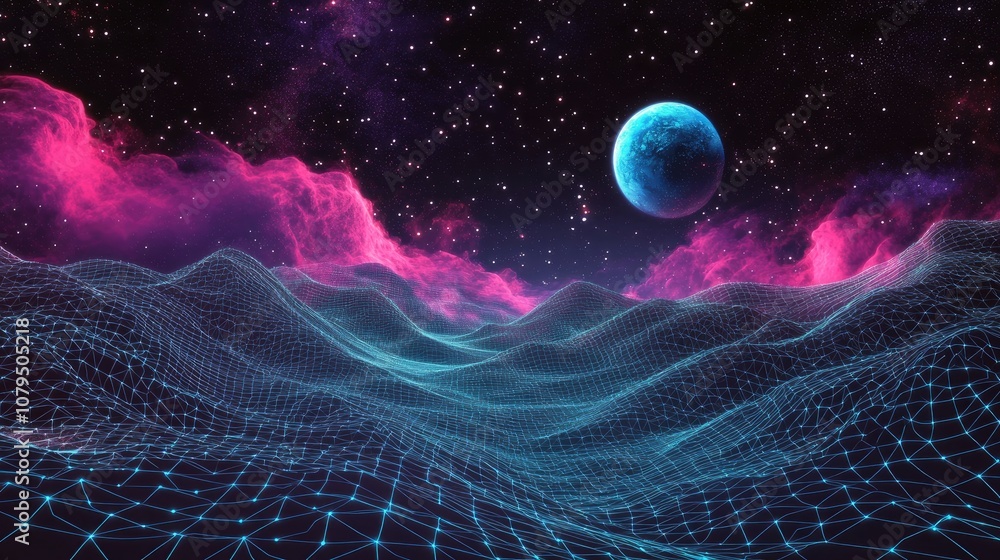 Leinwandbilder Abstract landscape in a dark background featuring a 3D cartoon rendering of a cyberspace grid and a hi tech network with a starry outer space texture