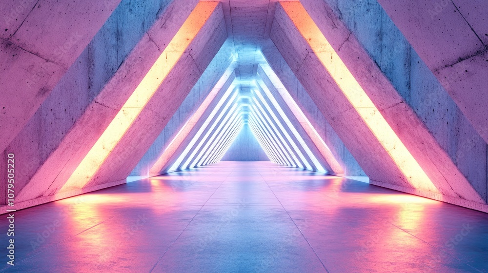 Poster spacious illuminated corridor featuring a modern concrete backdrop and a futuristic triangular tunne