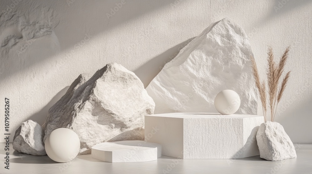 Leinwandbilder Minimalist geometric background featuring stone and rock shapes ideal for podium display or showcasing products Textured white stone slabs create a visually appealing backdrop rendered in 3D