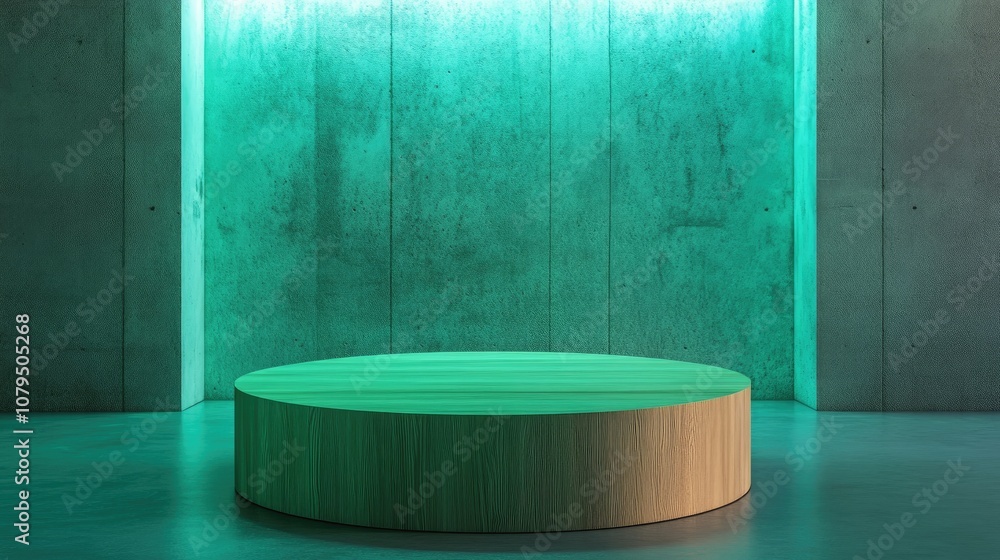 Aufkleber neon green 3d rendering of a minimalistic wooden display podium on a textured concrete geometric bac