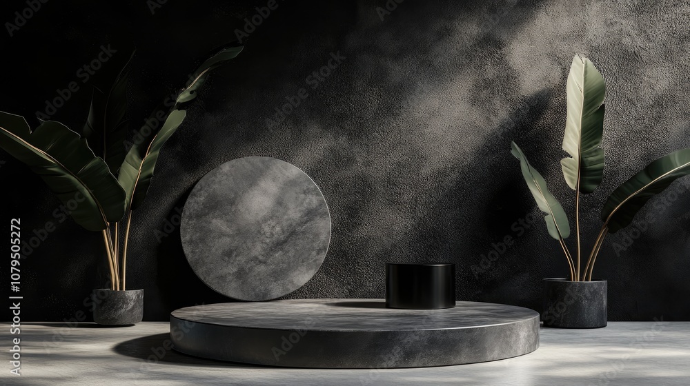 Poster 3D podium mockup featuring charcoal with a cosmetic theme It includes geometric shapes and a minimal abstract background 3D rendered illustration