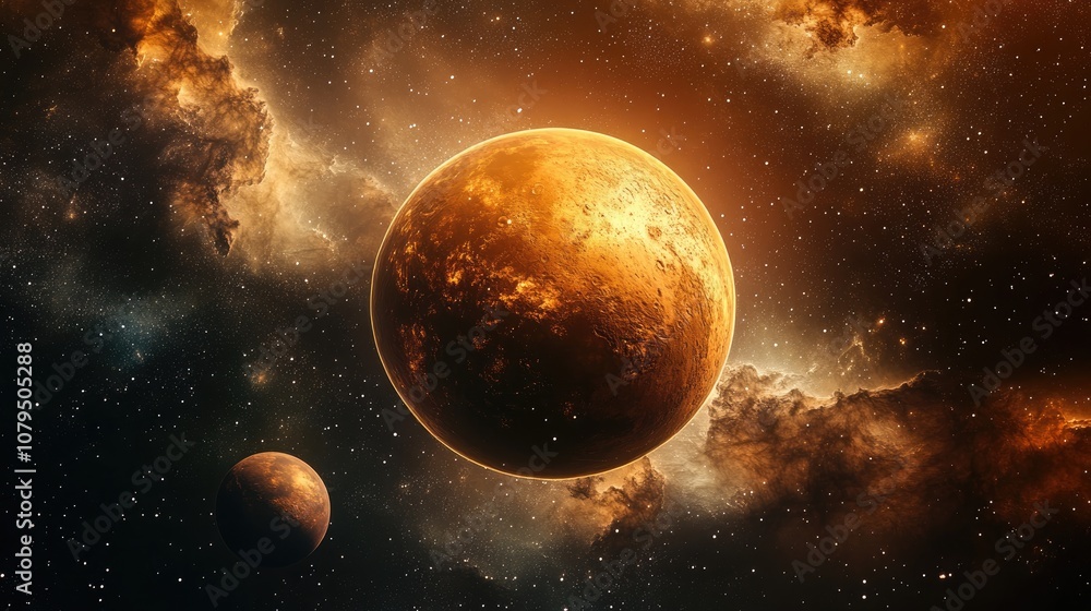 Poster 3d cartoon depiction of a desert planet resembling mars set against a cosmic background