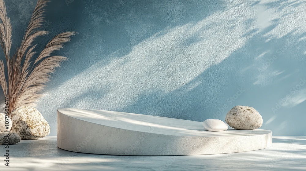 Aufkleber Minimalist podium mockup for product display featuring an abstract scene with a blue backdrop 3D rendering