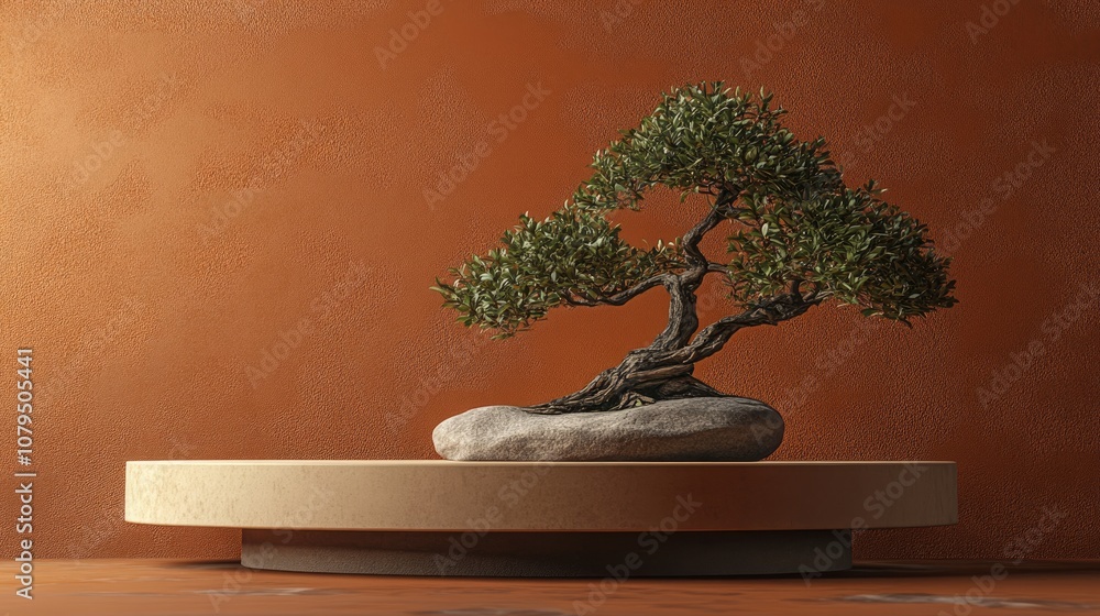 Poster 3d art render featuring a japanese style podium and bonsai tree against a brown backdrop for product