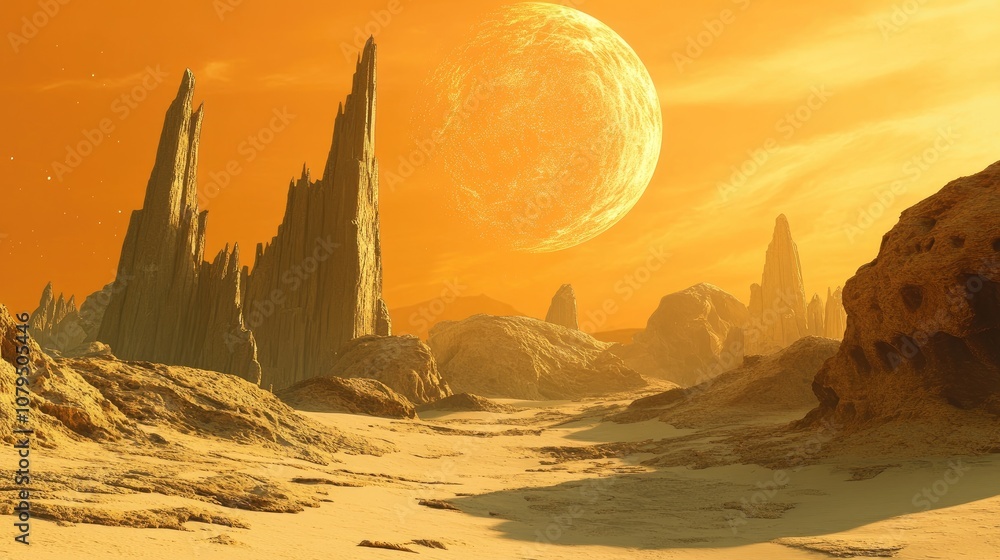 Poster 3d illustration of an alien planet in a cartoon rendering style