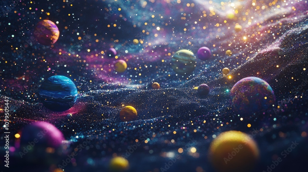 Aufkleber 2D illustration featuring a 3D cartoon rendering of a vibrant space background It includes a deep expansive cosmos with stars planets and moons showcasing various creative science fiction settings