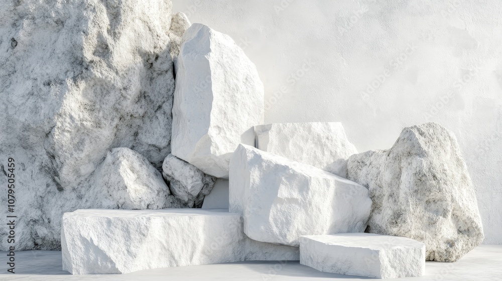 Aufkleber Minimalist geometric background featuring stone and rock shapes ideal for podium display or showcasing products Textured white stone slabs create a visually appealing backdrop rendered in 3D