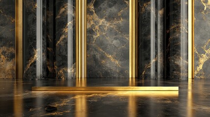 Elegant Modern Luxury Background Featuring Golden and Black Marble Pillars for Product Showcase 3D Illustration