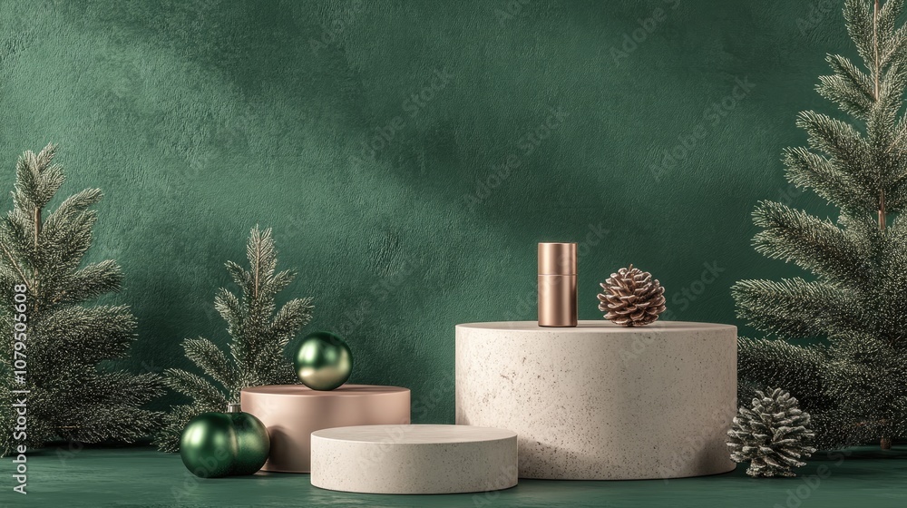 Poster festive seasonal greeting with an abstract minimal mock up scene featuring geometric podium shapes f