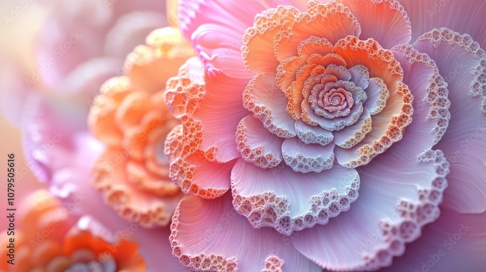 Poster Abstract fractal patterns and shapes depicted through 3D cartoon rendering showcasing dynamic flowing natural forms flowers and spirals
