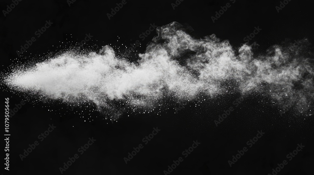 Fototapete Freeze motion of white particles on a black background in a 3D cartoon rendering Abstract dust overlay texture