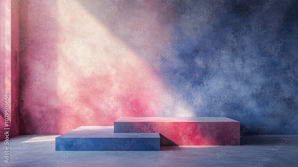 Poster walls and platforms featuring vibrant textured gradients interior backdrop illuminated by natural li