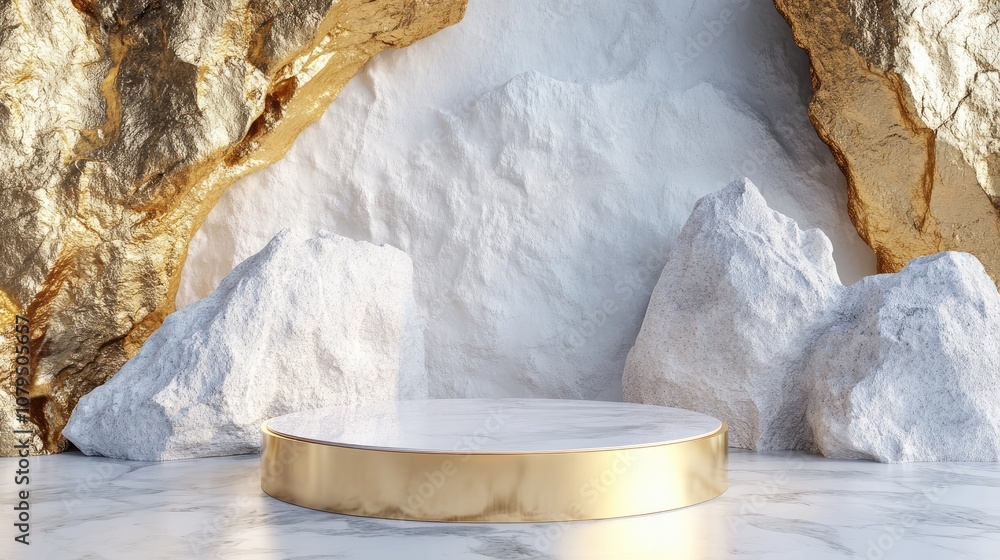 Poster abstract white stone rock featuring a gold podium background for product and cosmetic display showca