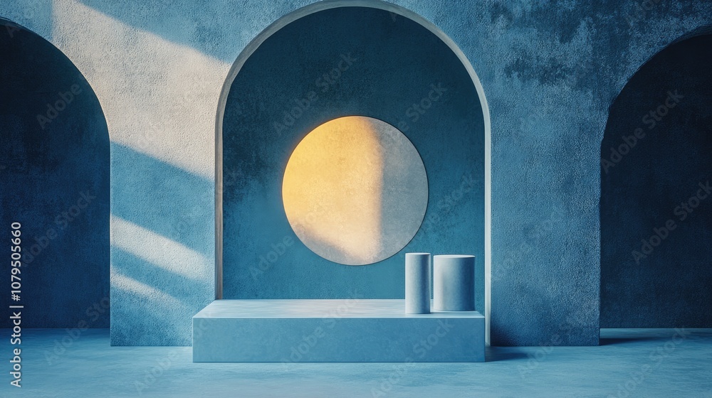 Poster blue pedestal podium featuring cylinder and cube shapes with an abstract frame backdrop ideal for sh