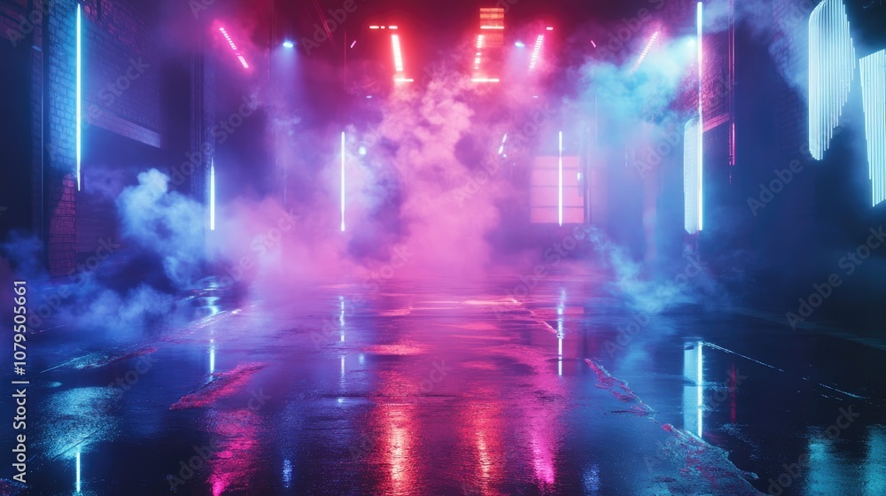 Poster empty backdrop with a dark street reflected on wet asphalt illuminated by neon light rays featuring 