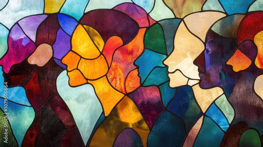 Poster human profiles and symbols blend with vibrant color patterns in a stained glass backdrop inspiring c