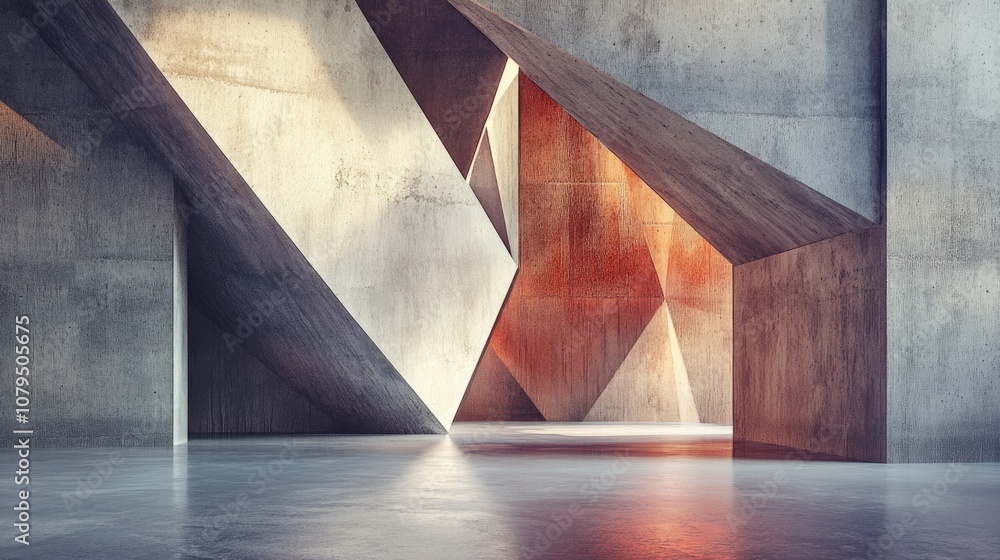 Poster 3d rendering of an architectural interior featuring a concrete wall and geometric shapes
