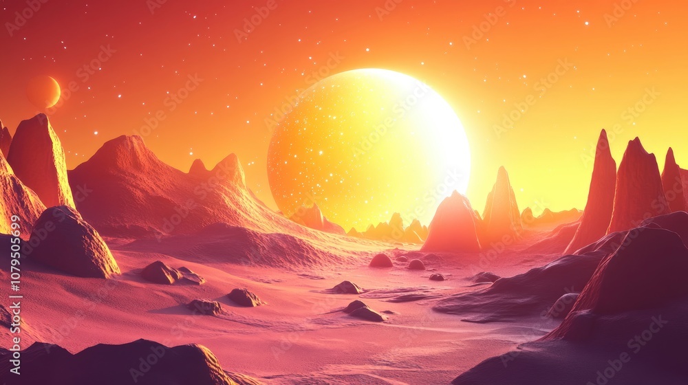 Poster 3d illustration of an alien planet in a cartoon rendering style