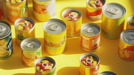 Various tins on a yellow surface. canned food. Ultra realistic. Photorealistic hypermaximalist advertising photography hyper realistic fine detail