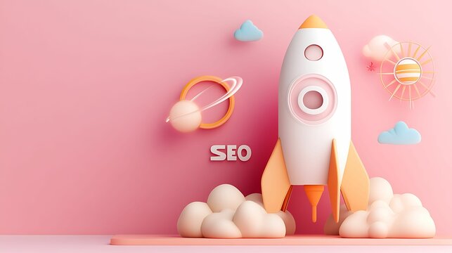 SEO relevance concept. A whimsical rocket launching in a vibrant pink background, surrounded by clouds and celestial elements, embodying a playful and imaginative theme.