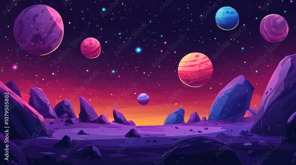Aufkleber 2D illustration featuring a vast space scene with bright stars planets and moons Includes various science fiction inspired backdrops alien solar systems and a realistic cosmic background