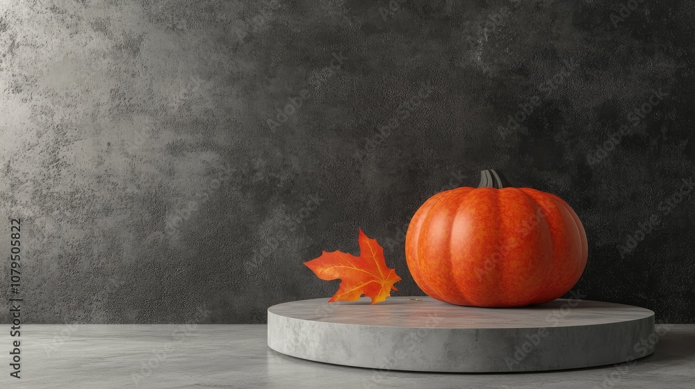 Poster 3d rendering of a halloween pumpkin beside a podium featuring a minimalist halloween themed backgrou