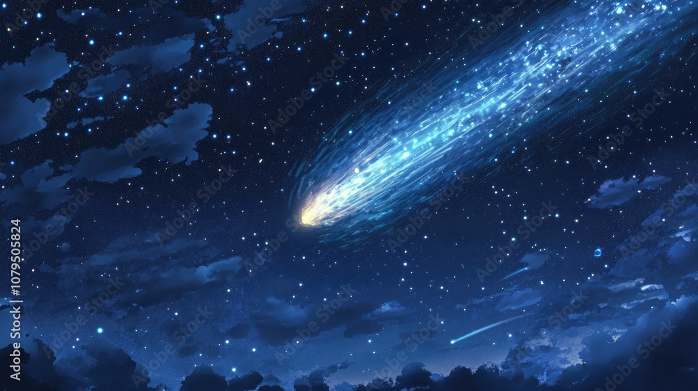 Poster cartoon rendering in 3d of a comet against a night sky