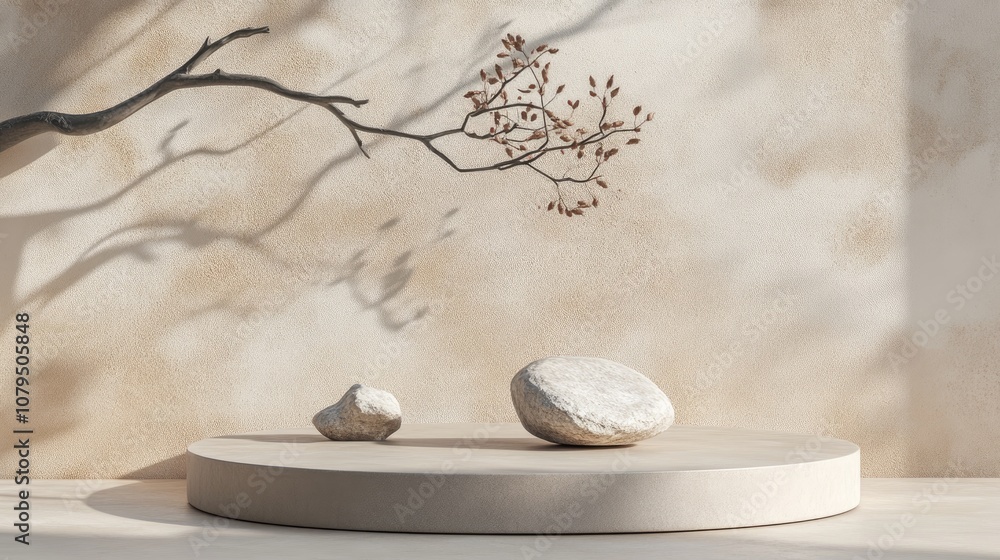 Leinwandbilder podium display on a soft pastel stucco backdrop abstract arrangement featuring a branch stone and sh