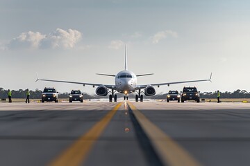 Fototapeta premium Cargo jet taxiing on runway airport aerial photography clear sky ground level aviation operations