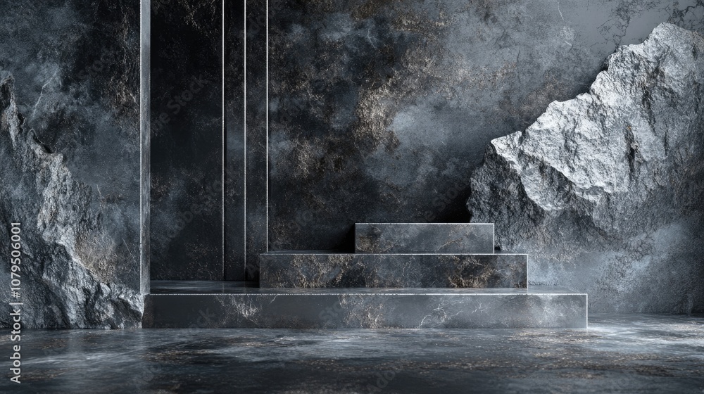 Poster Elegant abstract background featuring metallic elements along with stone marble and granite textures 3D illustration and rendering