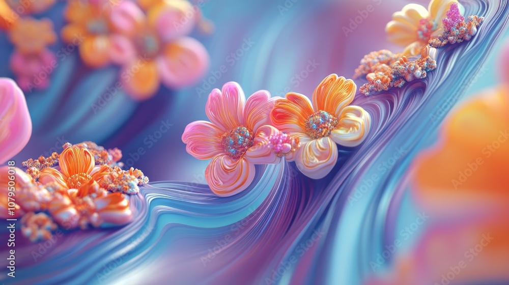 Poster Abstract fractal patterns and shapes in a 3D cartoon rendering Dynamic flowing natural forms featuring flowers and spirals creating a mysterious psychedelic relaxation pattern