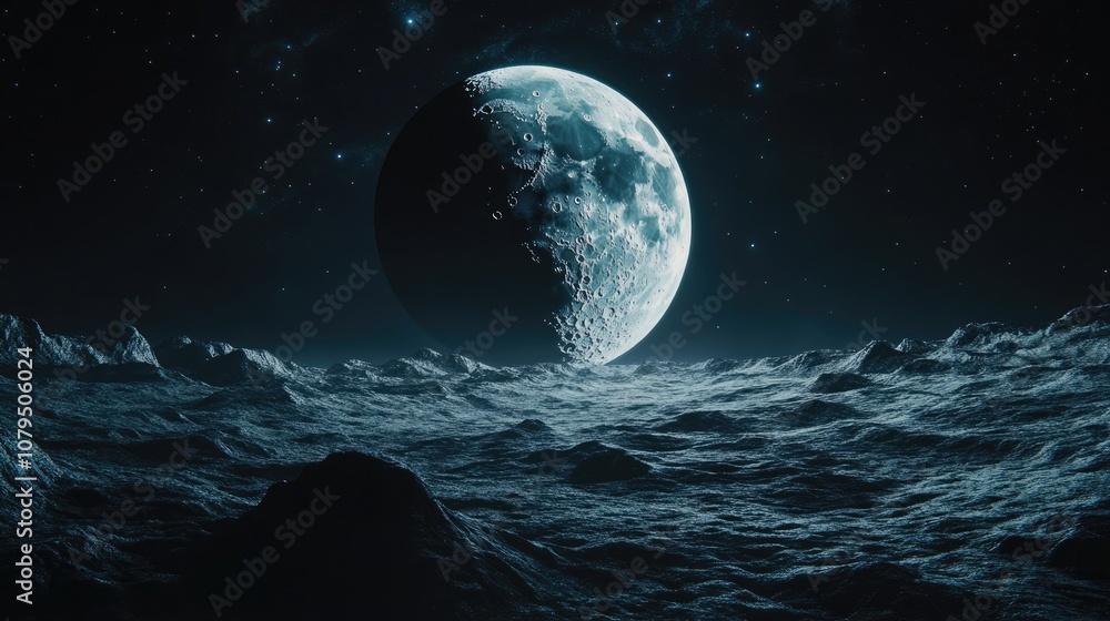 Aufkleber Half Moon Background in 3D Cartoon Rendering Realistic Moon The Moon is an astronomical body that orbits planet Earth serving as its only permanent natural satellite