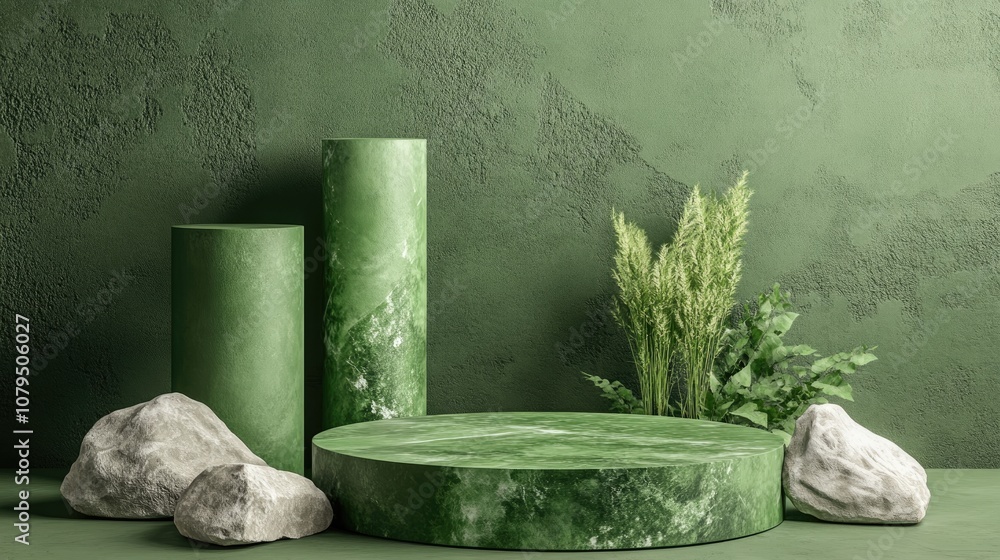 Aufkleber green pedestal display featuring cylinders and rocks alongside a box stand concept podium designed f
