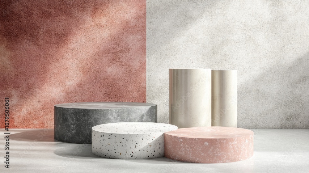 Leinwandbilder abstract minimal background with concrete cylinder podiums geometric design for showcasing cosmetic 