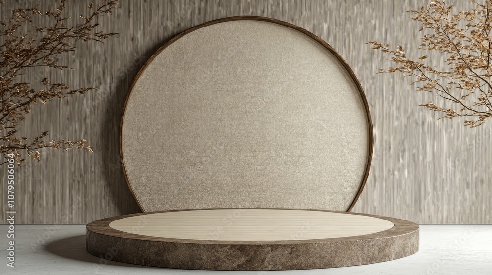 Aufkleber circular podium stand pedestal or platform in beige and brown hues designed for product presentation