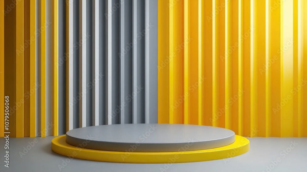 Poster 3d rendering of an abstract geometric composition in yellow and gray featuring a podium minimalist s