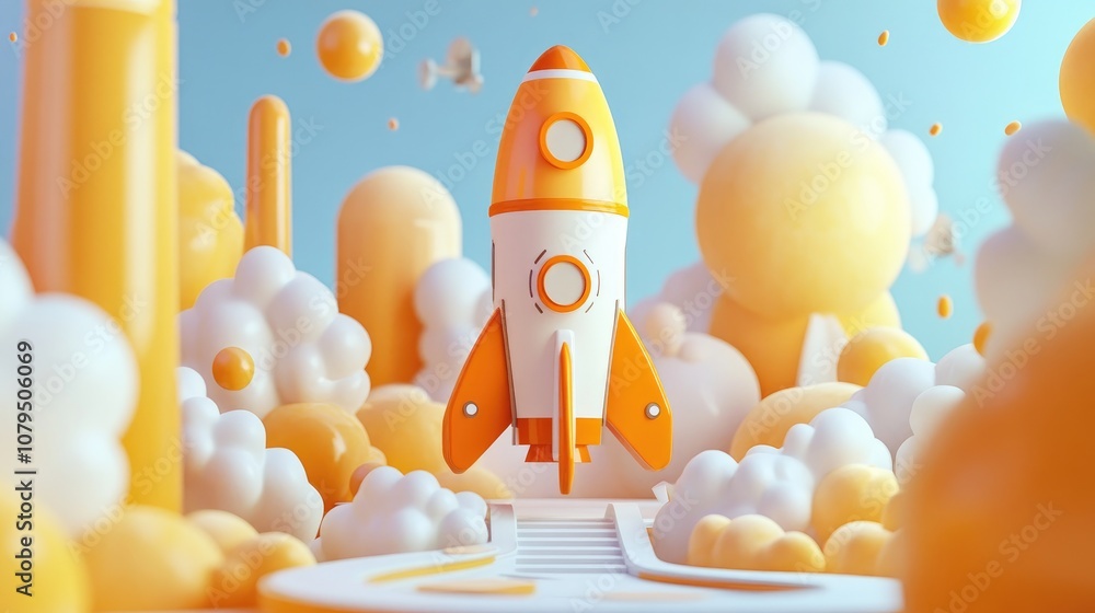 Poster 3d cartoon rendering of a spacecraft preparing for launch on a rocket